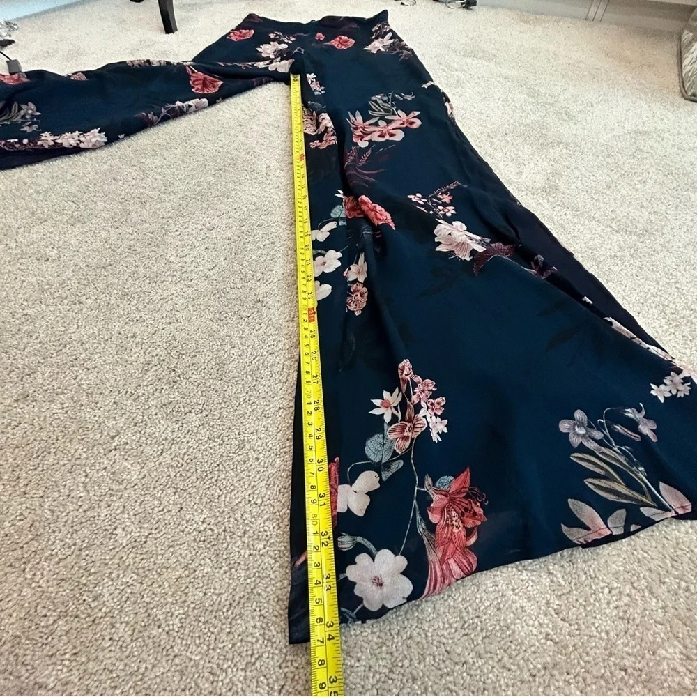 ZARA navy blue pink floral flower chiffon wide leg slit hem pants Sz M - Picture 12 of 14
